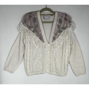 Vintage Hand Knit Floral Cardigan Womens Cottagecore Sweater Fringe Coquette LRG